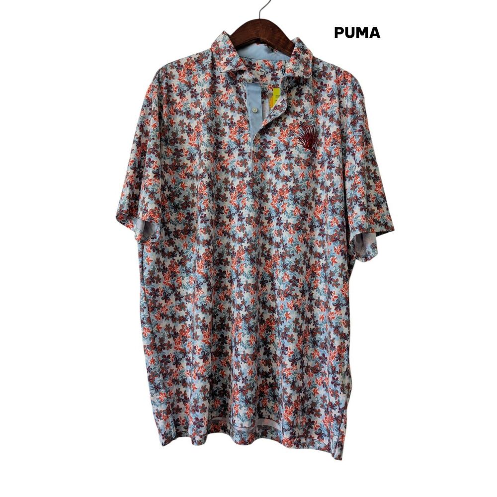 PUMA Golf Floral Polo Shirt Mens XL Blue Red UPF Stretch Performance NWT